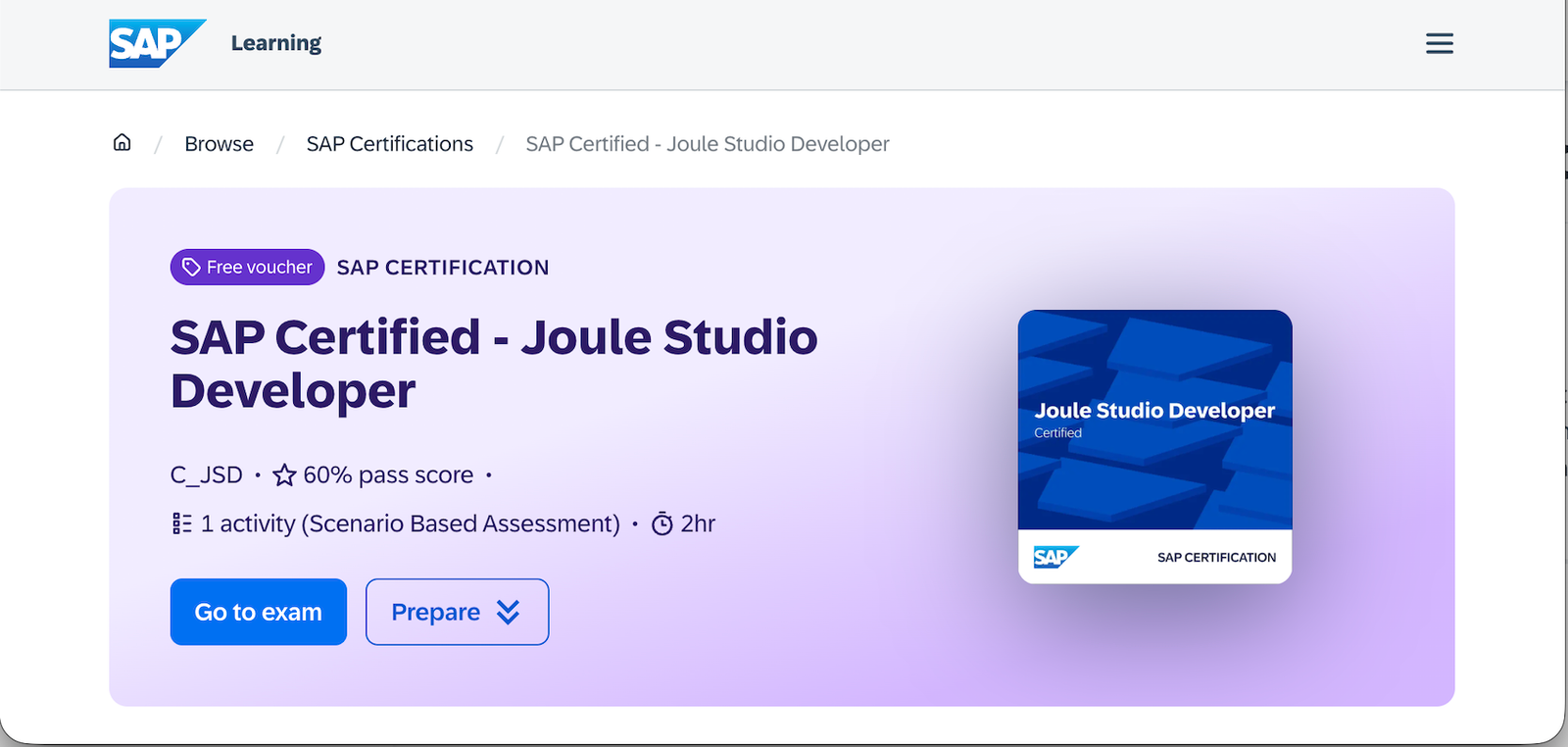 SAP Learning page for the SAP Certified Joule Studio Developer certification, showing exam code C_JSD, a 60% pass score, one scenario-based assessment and a 2-hour duration